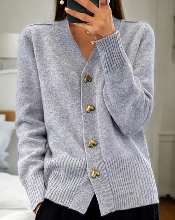 Women's Relaxed V Neck Button Up Cardigan with Ribbed Knit Cuffs